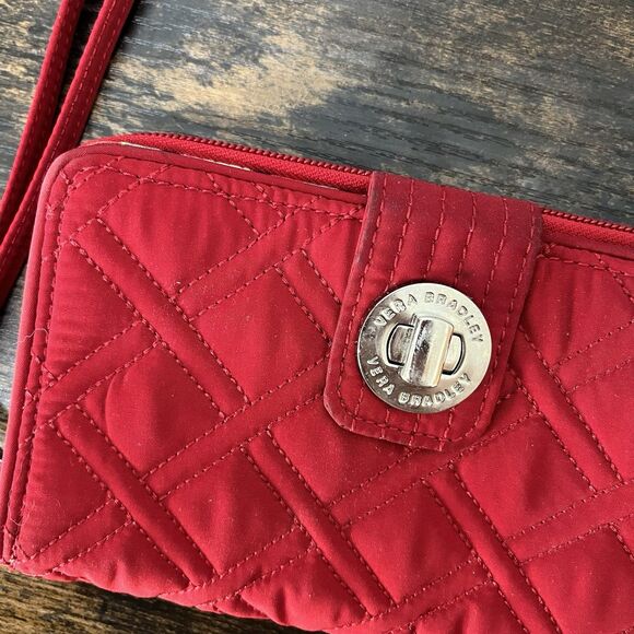 Vera Bradley RFID Turnlock Zip Organizer Wallet Red Microfiber w/ Wrist Strap - Picture 2 of 5